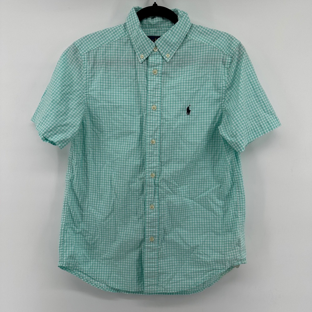 Ralph Lauren Kids Green Gingham Short Sleeve Button Down Shirt Size L 14-16